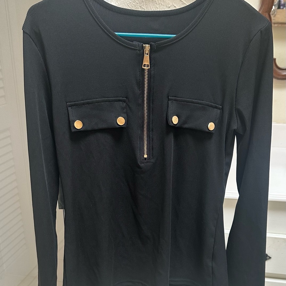 Black Long Sleeve Top with Gold Accents